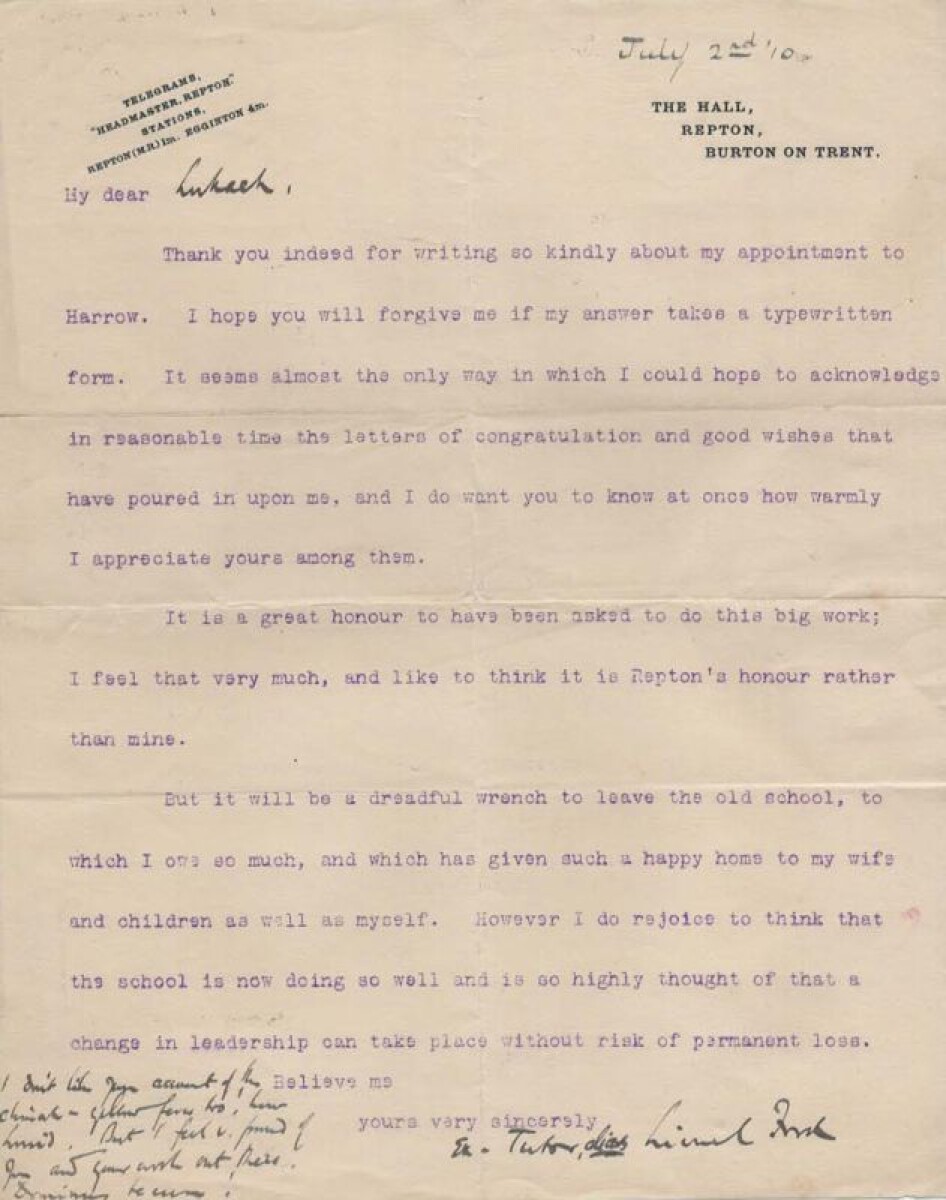 Partly Writing Typed / and partly Manuscript Letter by Sir Harry Luke's former Tutor ...